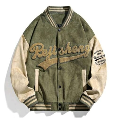 Men Letter Embroidery Striped Trim Drop Shoulder Two Tone Varsity Jacket S - M- L