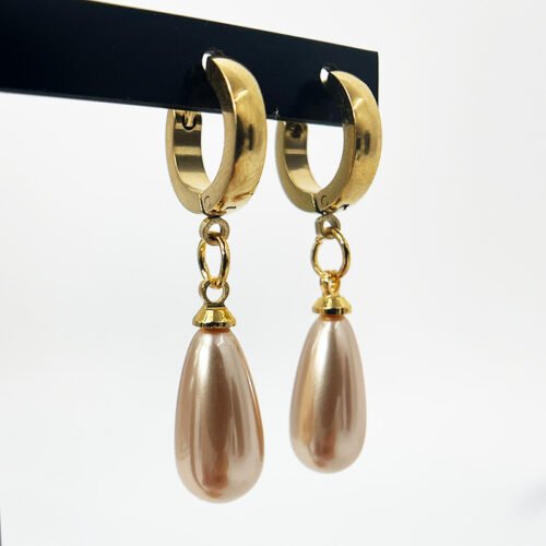 Gold Pink Pearl Drop Huggie Earrings
